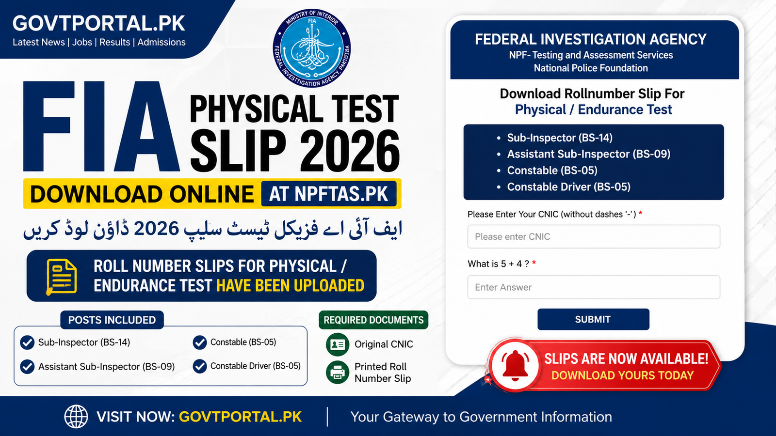 FIA Physical Test Slip 2026 Download - NPFTAS.PK